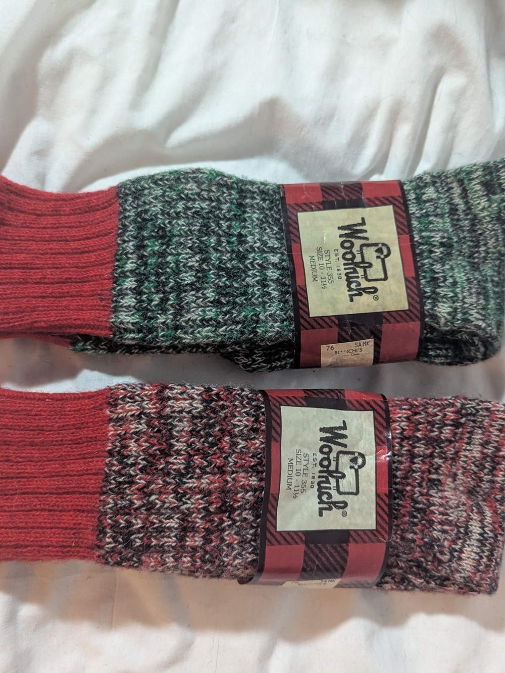 New Set Of 2 Woolrich Marled Crew Socks with Red Cuffs - Green and Red Blends